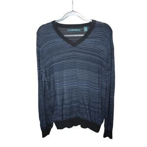 Perry Ellis Men's Large Pullover Sweater Long Sleeve Stripped V-Neck Black Blue